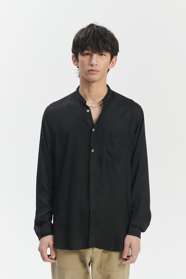 Delikatessen Zen Grandad Collar Shirt In The Finest Black Italian Modal