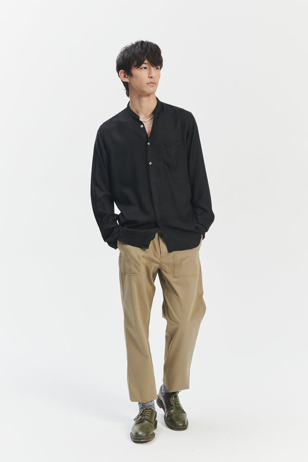 delikatessen Zen Grandad Collar Shirt in the Finest Black Italian Modal delikatessen Zen Grandad Collar Shirt in the Finest Black Italian Modal