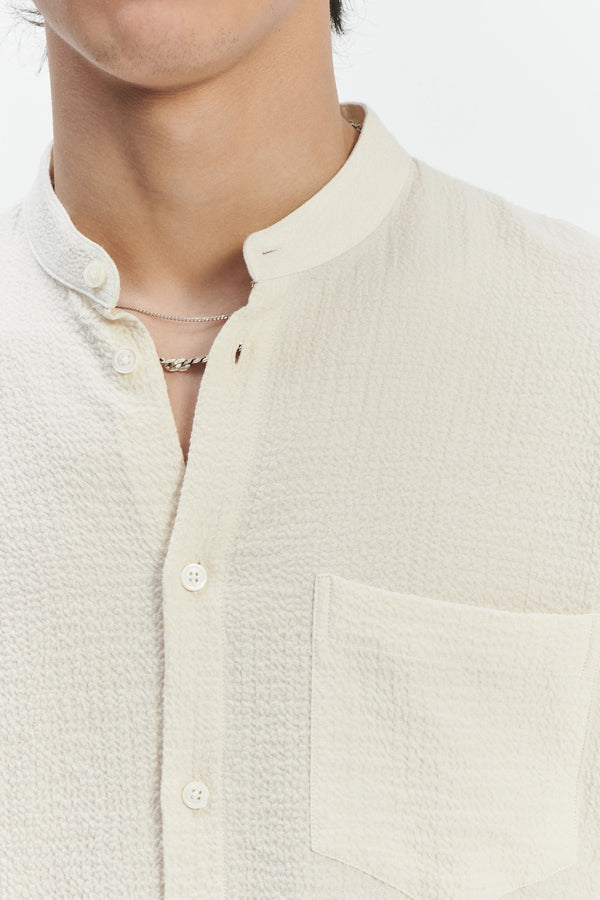 Delikatessen Zen Grandad Collar Shirt In The Finest Creamy White Portuguese Cashmere And Cotton Seersucker