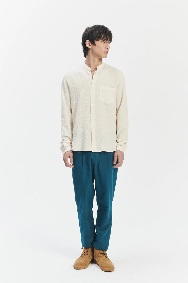 Delikatessen Zen Grandad Collar Shirt In The Finest Creamy White Portuguese Cashmere And Cotton Seersucker
