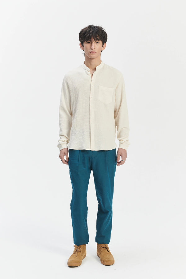 delikatessen Zen Grandad Collar Shirt in the Finest Creamy White Portuguese Cashmere and Cotton Seersucker