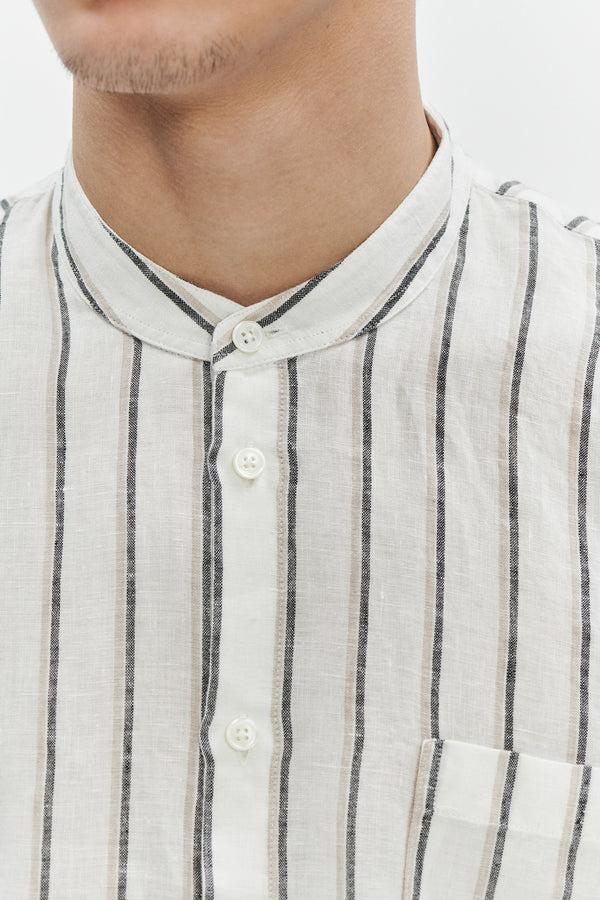 Delikatessen Zen Shirt In A Fine White Black And Beige Double Striped Bohemian LInen