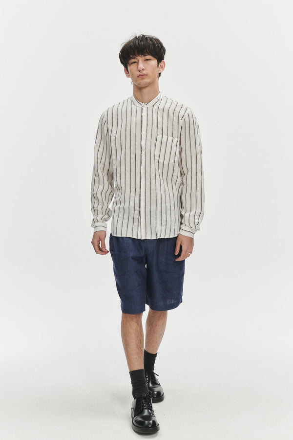 delikatessen Zen Shirt in a Fine White Black and Beige Double Striped Bohemian LInen