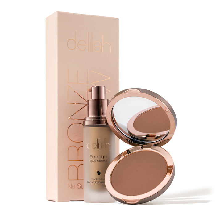 Delilah Bronze And Glow Collection Bronzer & Pure Light Liquid Illuminator Halo & Medium Dark