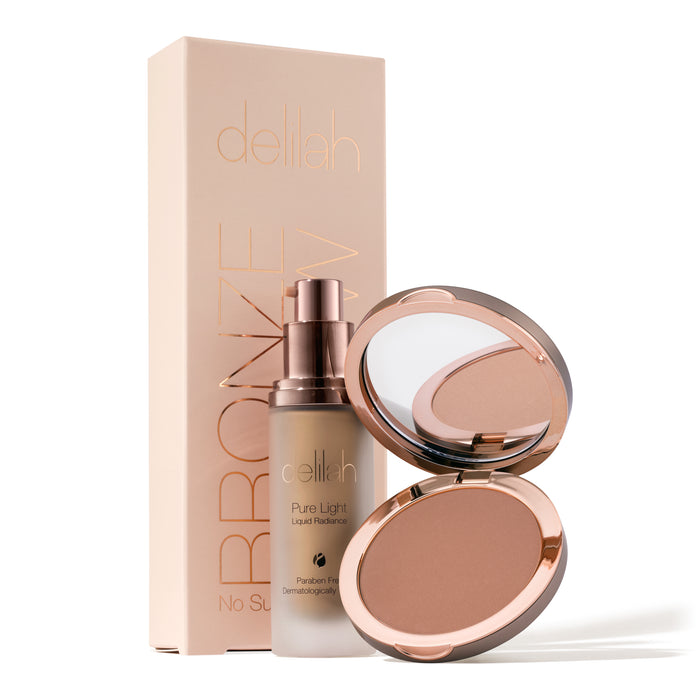 delilah Bronze and Glow Collection Bronzer & Pure Light Liquid Illuminator Halo & Medium Dark delilah Bronze and Glow Collection Bronzer & Pure Light Liquid Illuminator Halo & Medium Dark