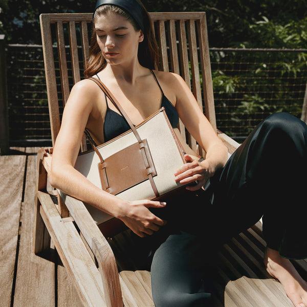 Demellier The Capri | Salt & Pepper Canvas Tan Smooth | DeMellier