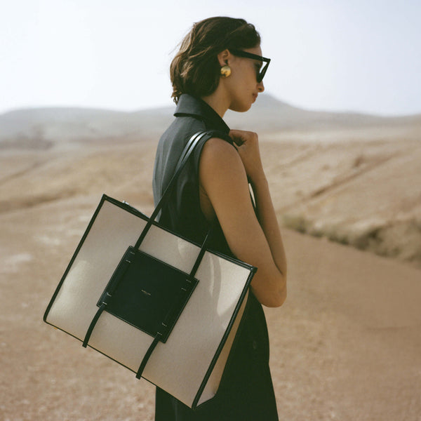 Demellier The Large Capri | Salt & Pepper Canvas Black Smooth