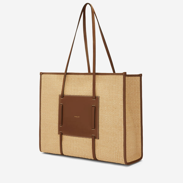 Demellier The Large Capri | Warm Raffia Tan Smooth Ecru Stitching | DeMellier