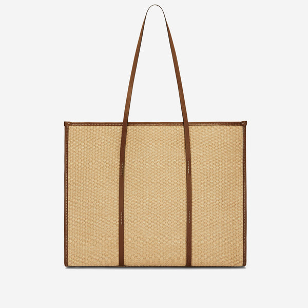 Demellier The Large Capri | Warm Raffia Tan Smooth Ecru Stitching | DeMellier
