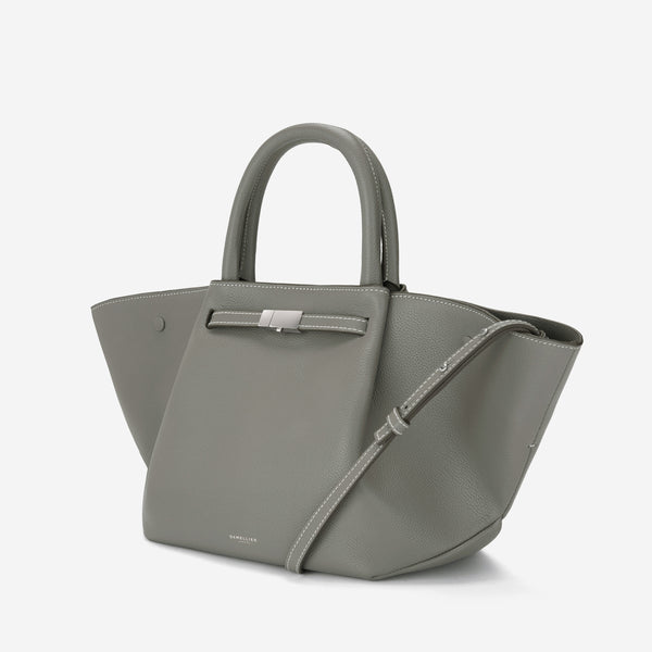 Demellier The Midi New York | Stone Grey Small Grain Ecru Stitching | DeMellier