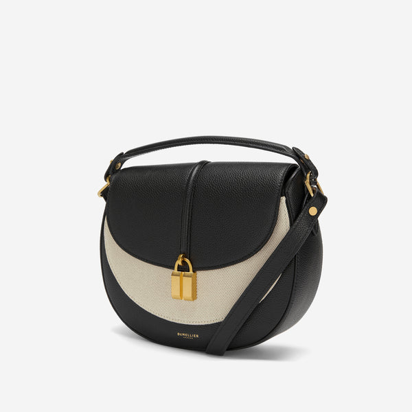 Demellier The Siena Saddle | Salt & Pepper Canvas Black Small Grain | DeMellier