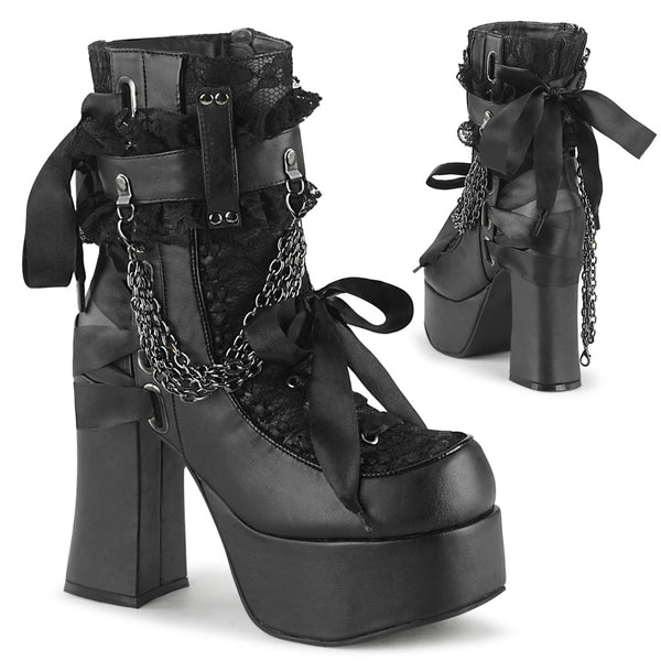 demonia Charade-110 Black Vegan Leather-Lace Overlay