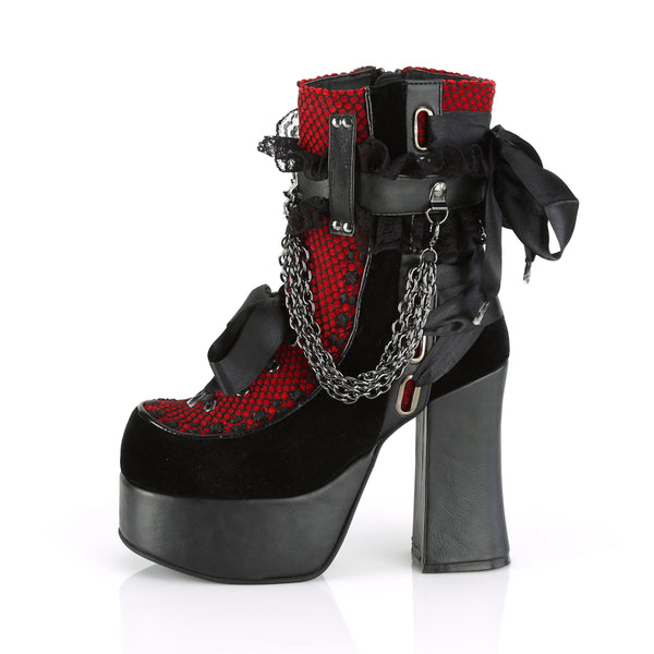 Demonia Charade-110 Black Vegan Leather-Red/Black Fishnet Overlay