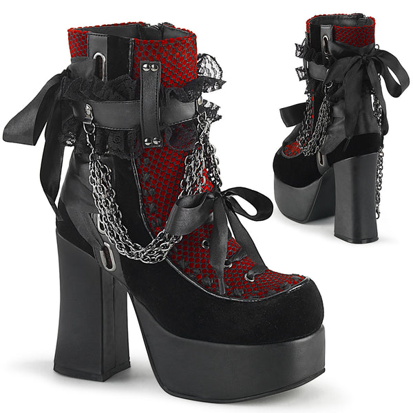 demonia Charade-110 Black Vegan Leather-Red/Black Fishnet Overlay