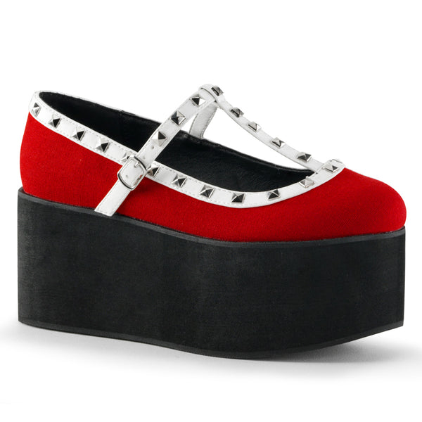 demonia Click-07 Red Canvas-Black-White Vegan Leather