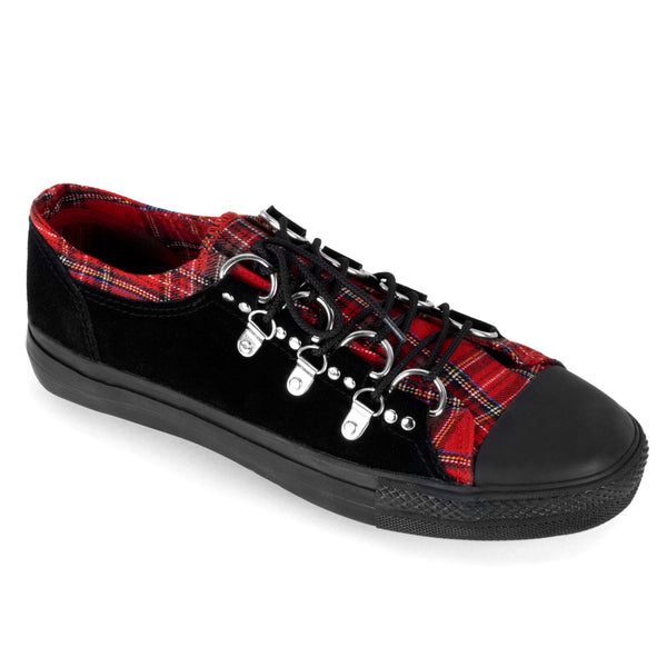 demonia Deviant-05 Black Suede-Red Plaid