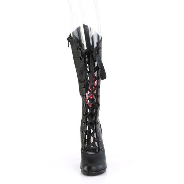 Demonia Glam-243 Black Vegan Leather- Red Satin