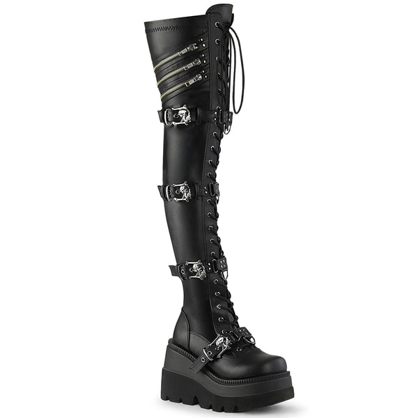 demonia Shaker-420 Black Stretch Vegan Leather