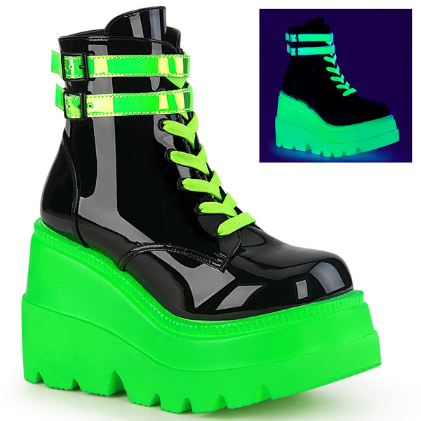 demonia Shaker-52 Black Patent-UV Neon Green