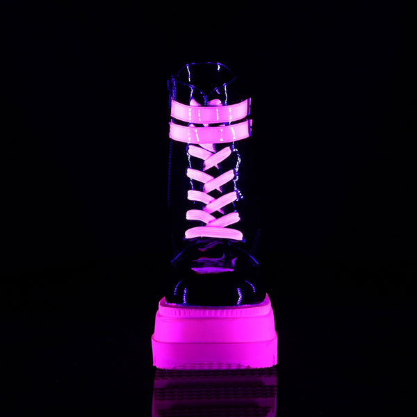 Demonia Shaker-52 Black Patent-UV Neon Pink