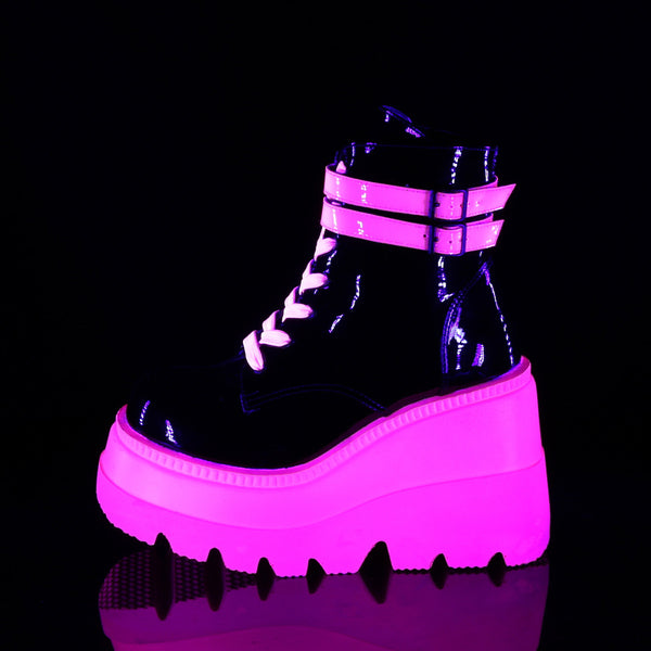 Demonia Shaker-52 Black Patent-UV Neon Pink