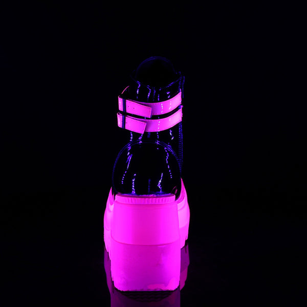 Demonia Shaker-52 Black Patent-UV Neon Pink