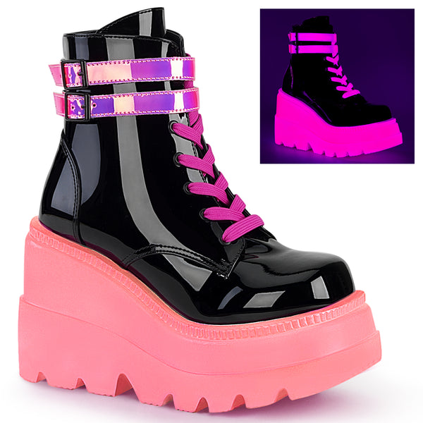 demonia Shaker-52 Black Patent-UV Neon Pink