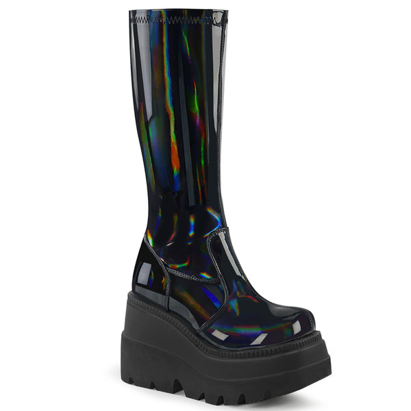demonia Shaker-65 Stretch Black Patent Holo