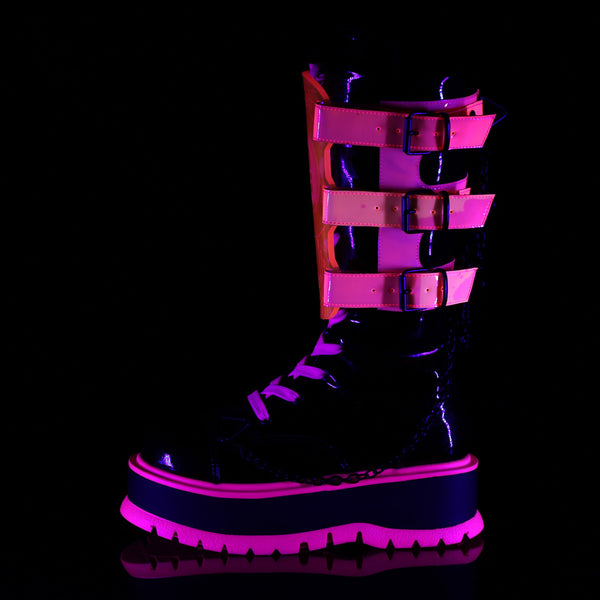 Demonia Slacker-156 Black Patent-UV Neon Pink