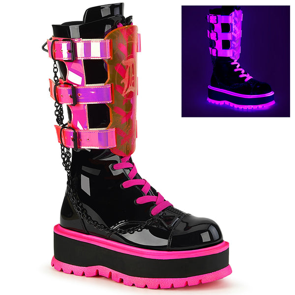 demonia Slacker-156 Black Patent-UV Neon Pink