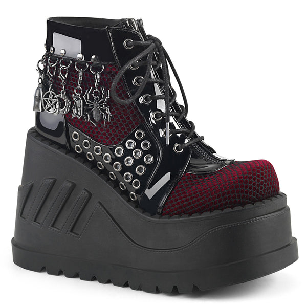 demonia Stomp-18 Black Patent-Burgundy Velvet