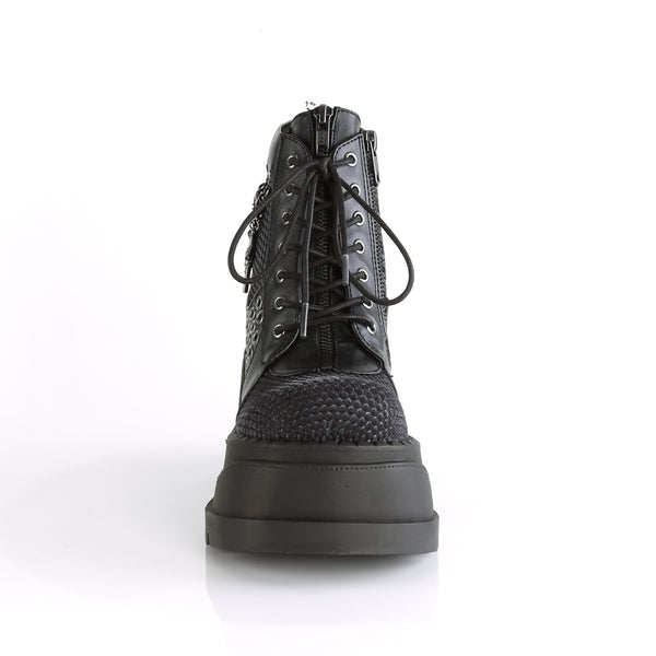 Demonia Stomp-18 Black Vegan Leather-Gray Velvet