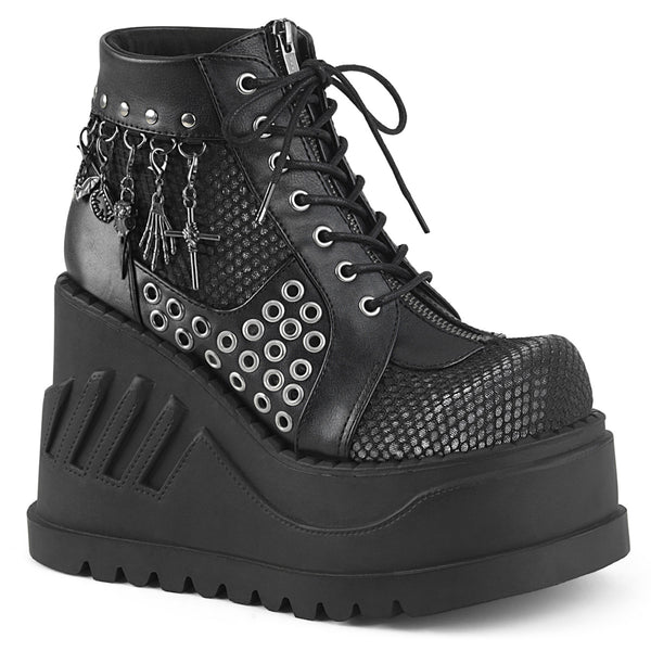 demonia Stomp-18 Black Vegan Leather-Gray Velvet