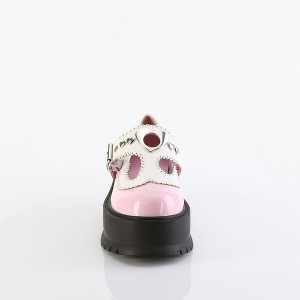 Demonia Slacker-23 Baby Pink Holo Patent-White Vegan Leather