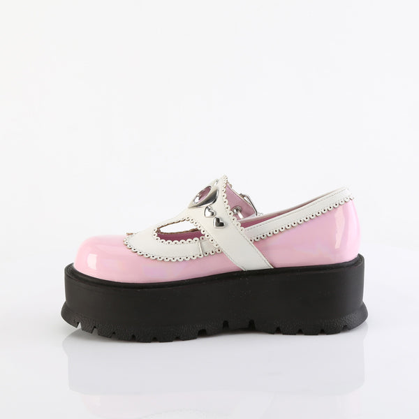 Demonia Slacker-23 Baby Pink Holo Patent-White Vegan Leather