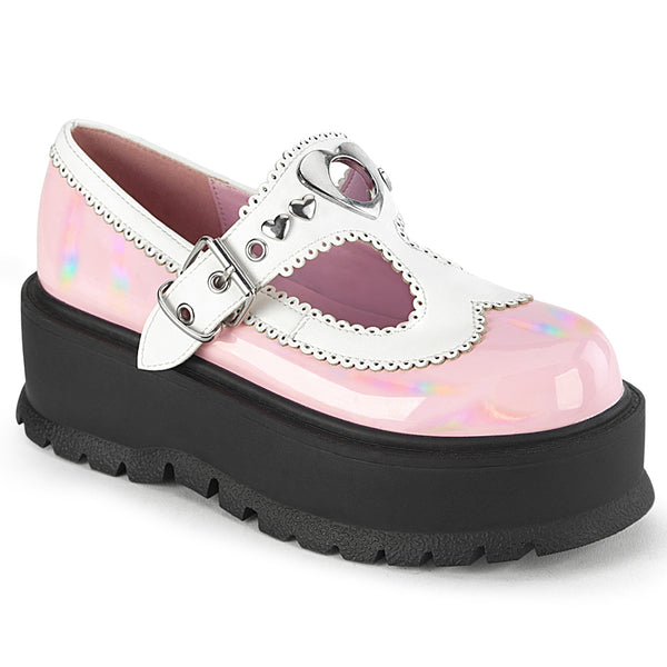 demonia Slacker-23 Baby Pink Holo Patent-White Vegan Leather