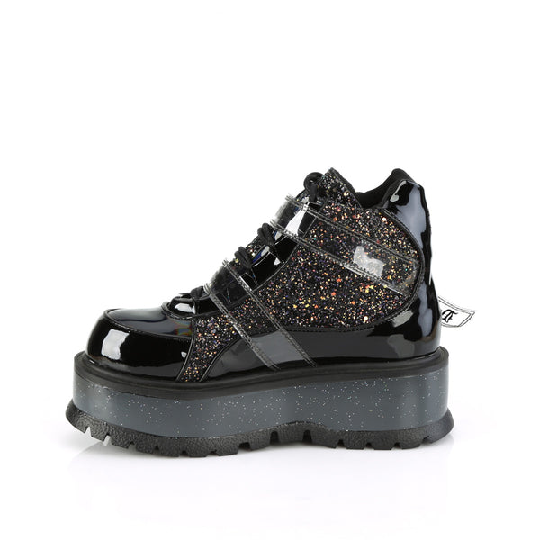Demonia Slacker-50 Black Patent-Black Multi Glitter