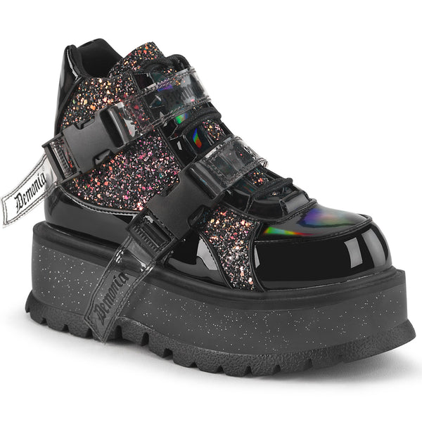 demonia Slacker-50 Black Patent-Black Multi Glitter