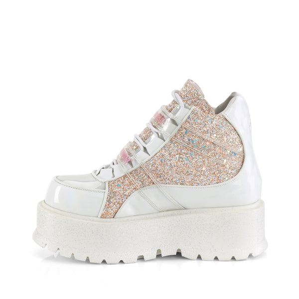 Demonia Slacker-50 White Holographic Patent-Baby Pink Multi Glitter