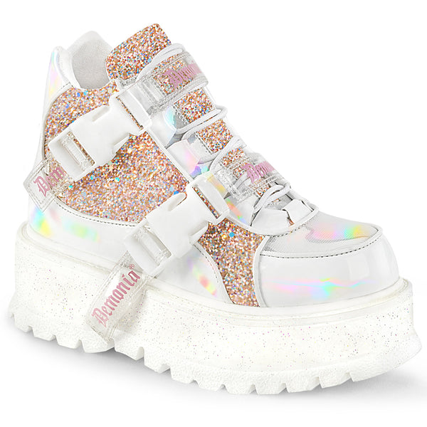 demonia Slacker-50 White Holographic Patent-Baby Pink Multi Glitter