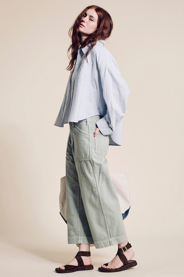 Denimist Cropped Button Front Shirt Blue Stripe Oxford