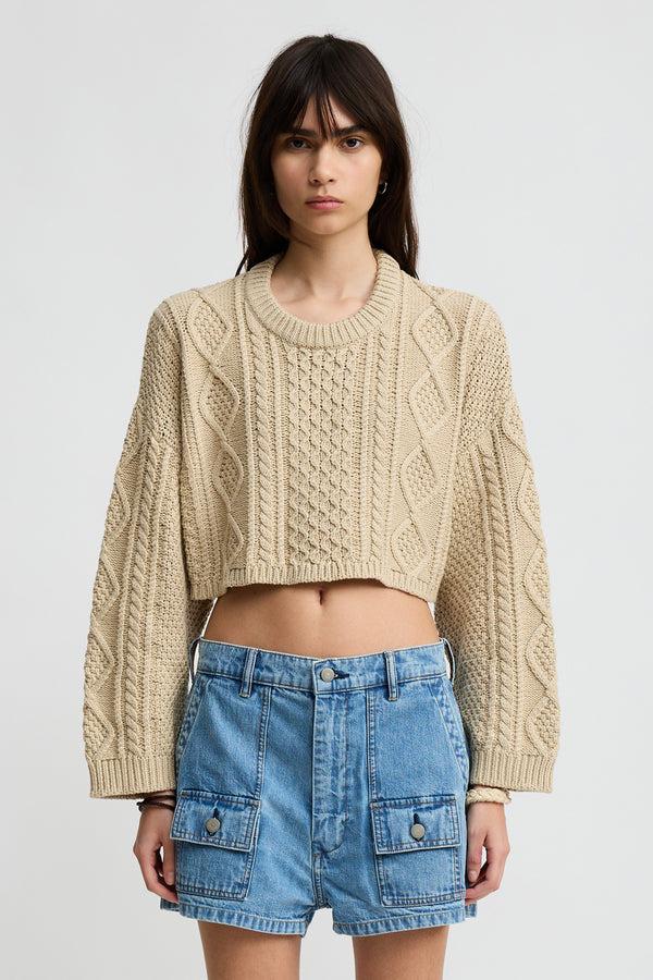 Denimist Cropped Cable Crewneck Sweater Heather Beige