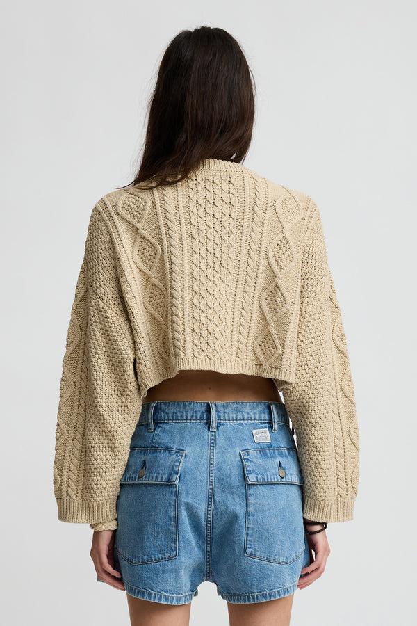 Denimist Cropped Cable Crewneck Sweater Heather Beige