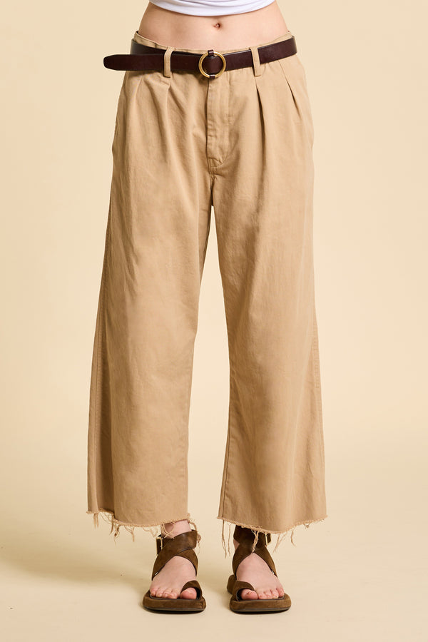 Denimist Cropped Double Pleat Wide Leg Chino Light Khaki