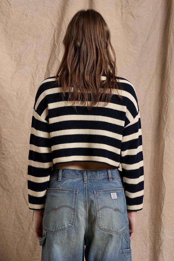 Denimist Cropped Stripe Relaxed Sweater Dark Navy W/ Ecru