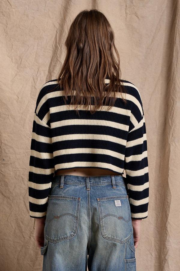 Denimist Cropped Stripe Relaxed Sweater Dark Navy W/ Ecru