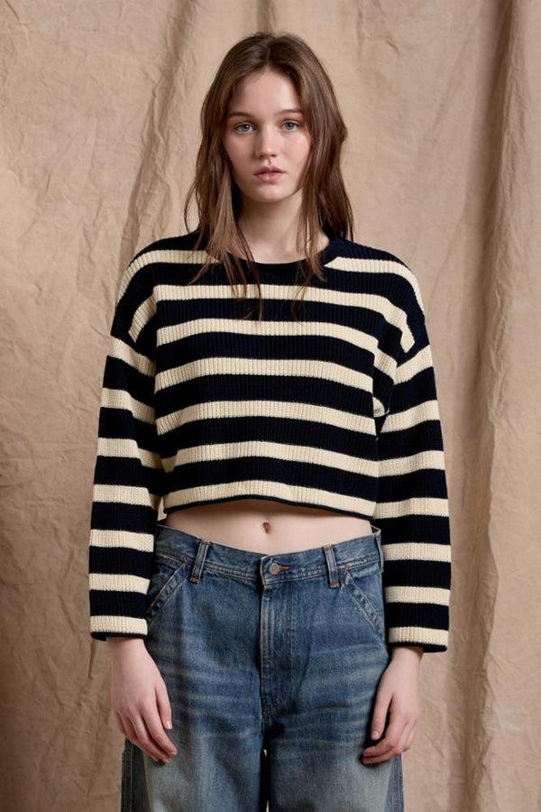 denimist Cropped Stripe Relaxed Sweater Dark Navy w/ Ecru
