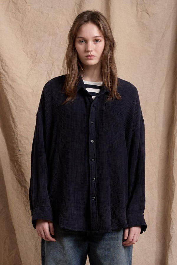 denimist Button Front Shirt Navy Crinkle Cotton