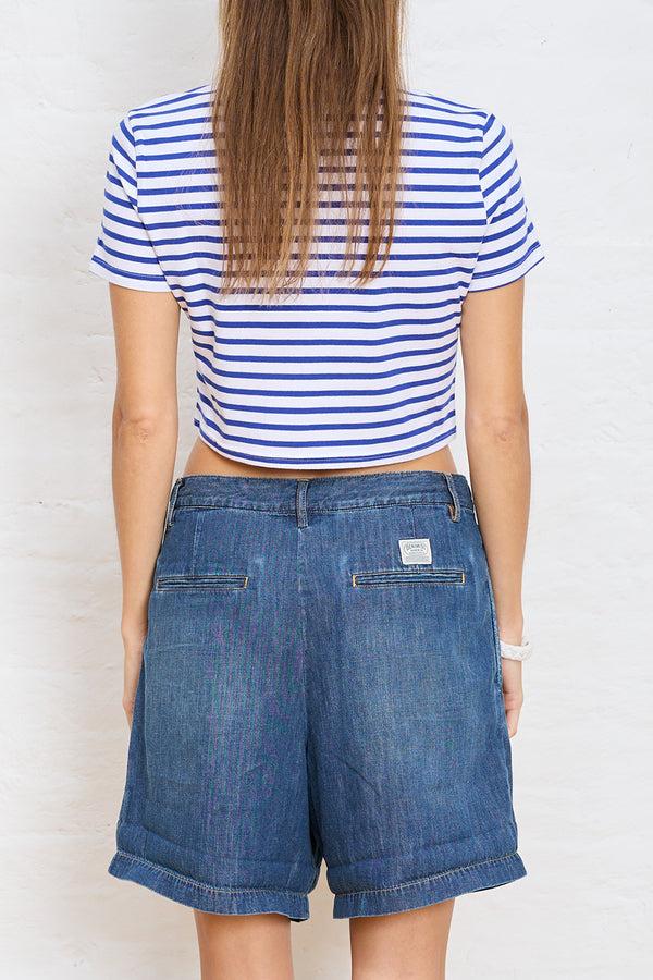Denimist Cropped Baby T White W/ Royal Blue Stripe