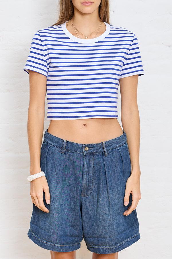 denimist Cropped Baby T White w/ Royal Blue Stripe